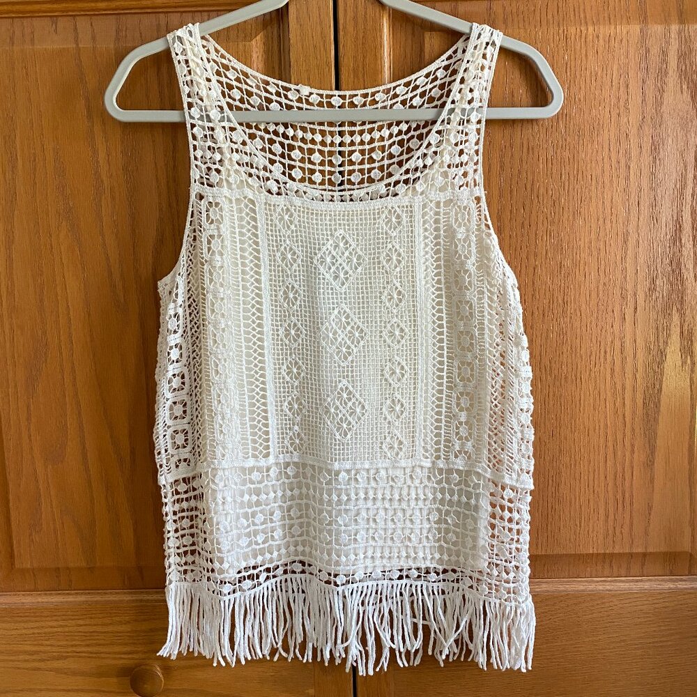 Lauren Ralph Lauren Crochet Fringe Tank Top Ivory Boho Fairy Festival Coastal-XS